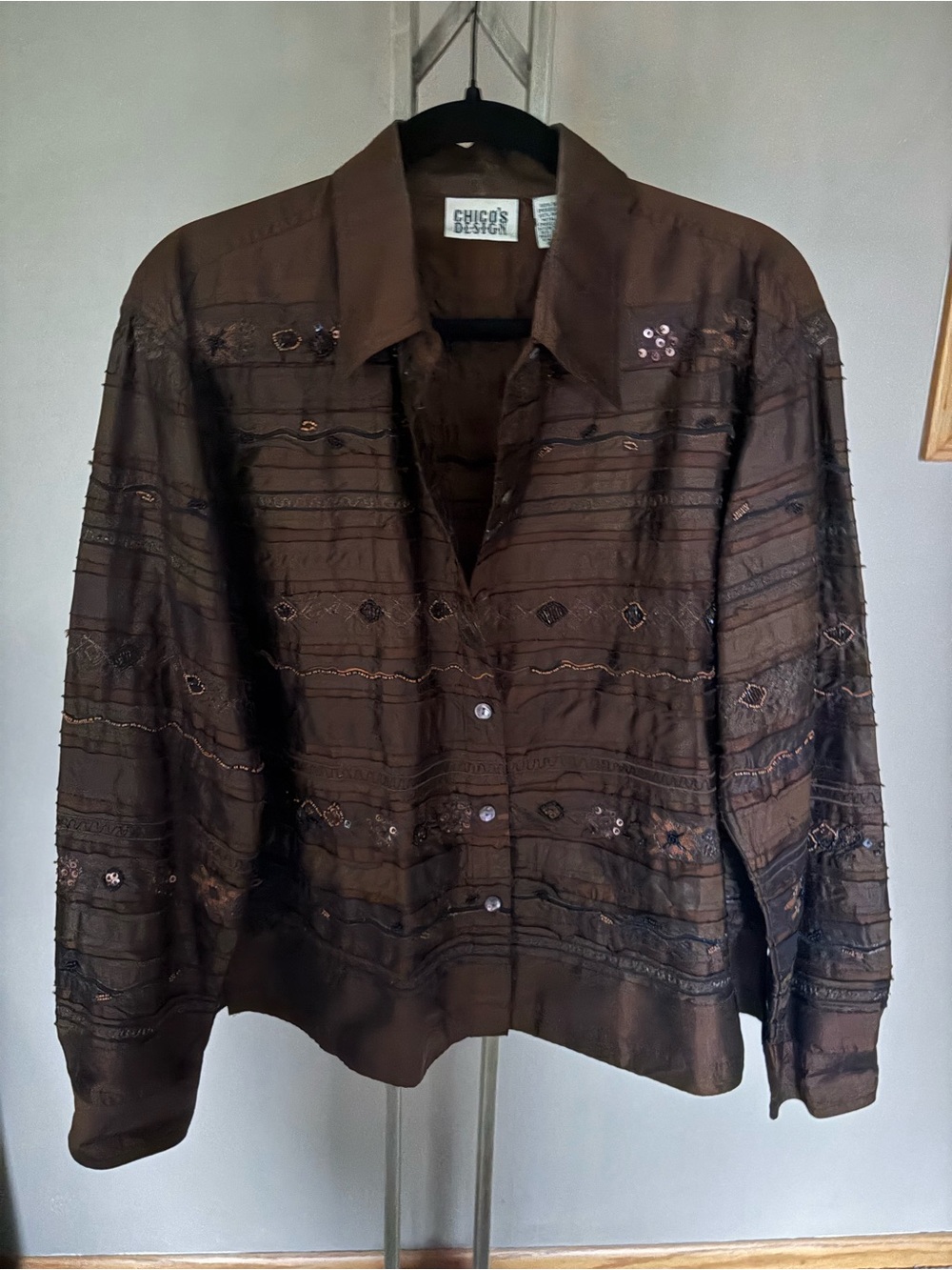 Chico's Vintage Chocolate Silk-Blend Blouse with Metallic Embroidery Jacket